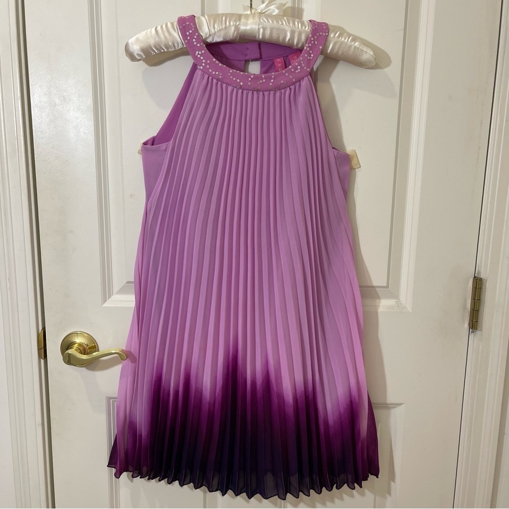 Hype Purple Ombré Pleated Dress Sequin Neck